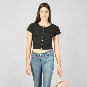 Women Round Neck Cap Sleeves Cotton Crop Top